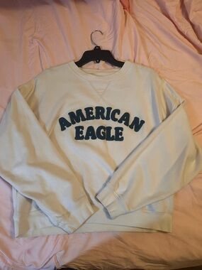 American Eagle Outfitters Cream Crewneck Sweatshirt with Green Logo